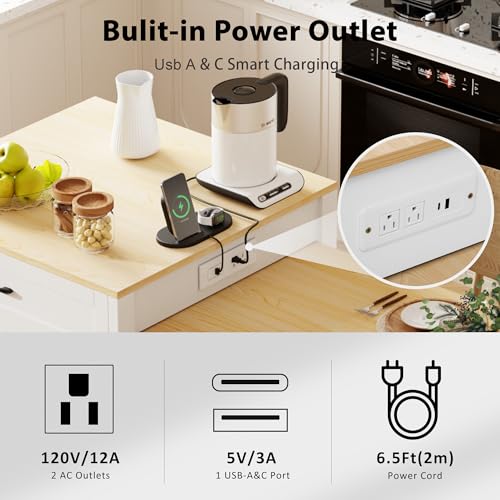 Merax 82.7" Kitchen Island with Extendable Dining Table, Storage & Charging Station, White Oak K8597
