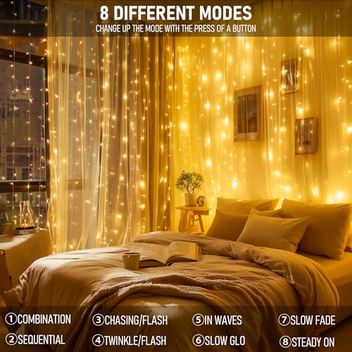 Dazzle Bright 300 LED Curtain Lights, Warm White, Plug in for Bedroom & Outdoor Decor X62406