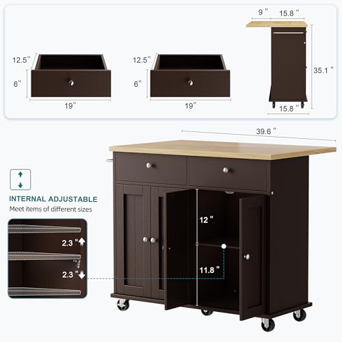 Shintenchi Kitchen Island with Drop Leaf, Rolling Cart with Storage, White T972