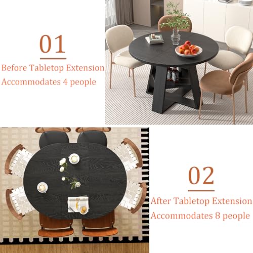 Extendable Round Dining Table for 4-8 with Removable Leaves, Wood Base, Walnut V742
