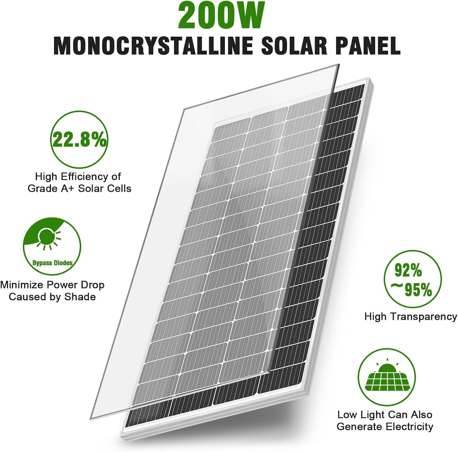 200 Watt Monocrystalline Solar Panel 12V/24V for RV Boat Caravan Off-Grid B3550