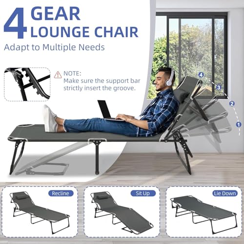 Folding Chaise Lounge Chair with Mattress, 6-Angle Adjustable, Gray M664250
