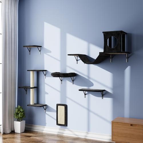NUNU LAB Wall Mounted Cat Furniture, 7 Pcs Cat Wall Shelves with House, Gray T582052