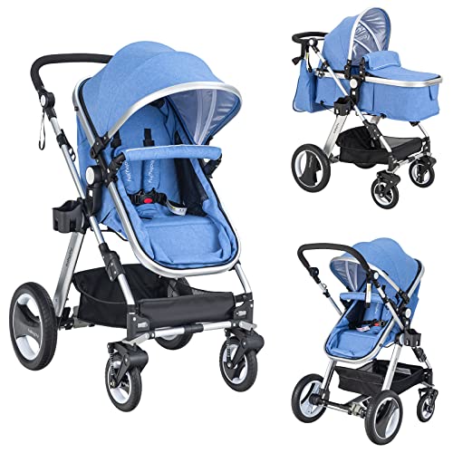 BABY JOY Baby Stroller, 2-in-1 Convertible Bassinet Reclining Stroller, Foldable Pram Carriage with 5-Point Harness, Including Cup Holder, Foot Cover, Diaper Bag, Aluminum Structure, Khaki