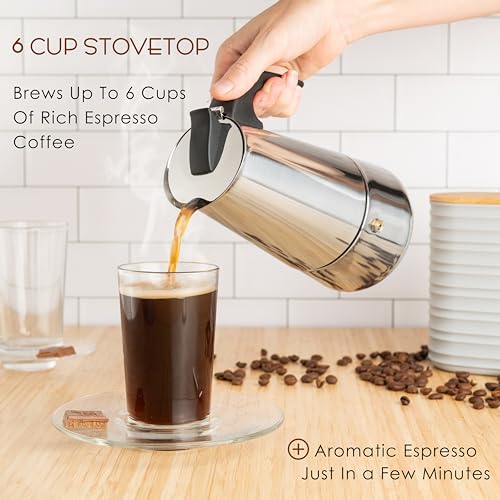 Mixpresso 6 Cup Greca Stovetop Espresso Maker, Stainless Steel Moka Pot, Black K256