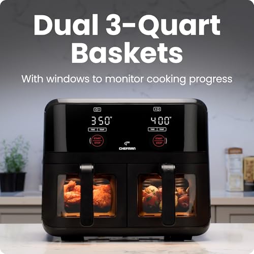 CHEFMAN 6 Quart Dual Basket Air Fryer Oven with Easy View Windows, Black G2845