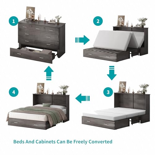 BALUS Murphy Cabinet Bed Queen with Charging Station, Tri-fold Memory Mattress, Storage Drawers, White Y6917