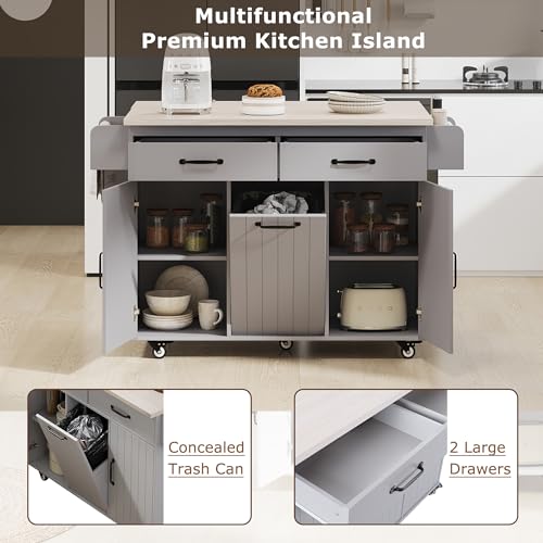 Kitchen Island Cart with Trash Can Storage and Drop Leaf B558974