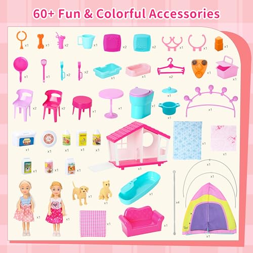 Portable Foldable Dollhouse with 60+ Pcs & 2 Dolls, Play House Toy for Girls Z270078