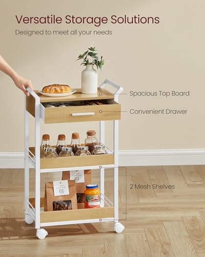 VASAGLE 4-Tier Rolling Utility Cart with Table Top, Lockable Casters, Rustic Brown and Ink Black L57262