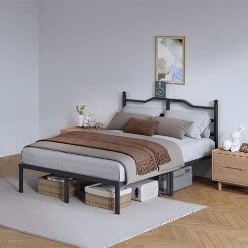 Full Metal Bed Frame 14 Inch Tall Heavy Duty Black Steel Slats Platform J736200