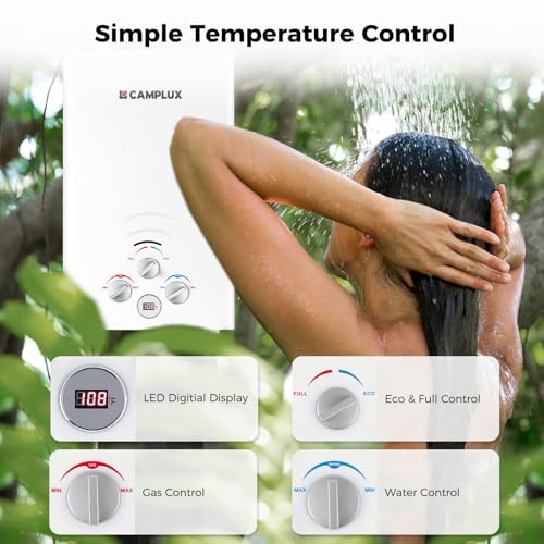 CAMPLUX 2.64 GPM Propane Portable Gas Water Heater, 68,000 BTU, White Y83276