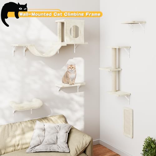 NUNU LAB Wall Mounted Cat Furniture, 7 Pcs Cat Wall Shelves with House, Gray T582052