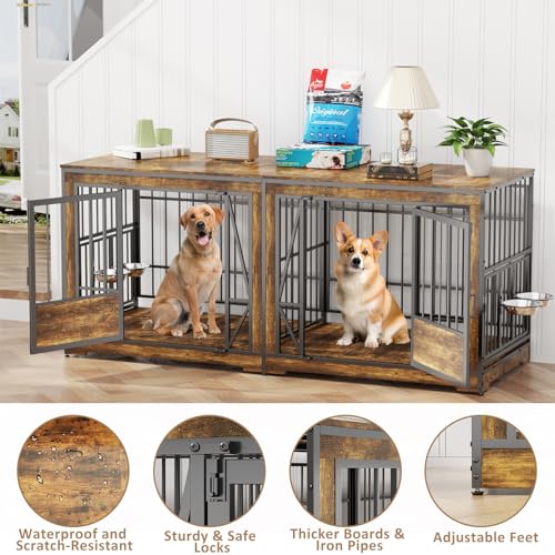 86 in Double Dog Crate Furniture with Divider, Heavy Duty Wooden Kennel for Large Dogs, Brown P52672
