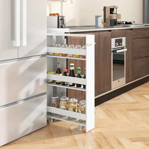 Slim 4-Tier Rolling Storage Cart on Wheels, Wood Shelving Unit with Handle, White H76328