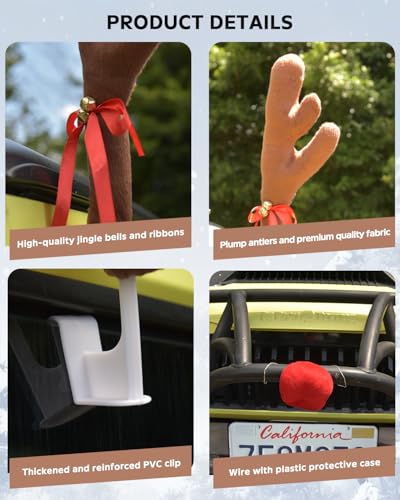 Reindeer Antlers for Cars with Red Nose, Jingle Bells & Tail - Christmas Car Decorations for SUV Truck J432
