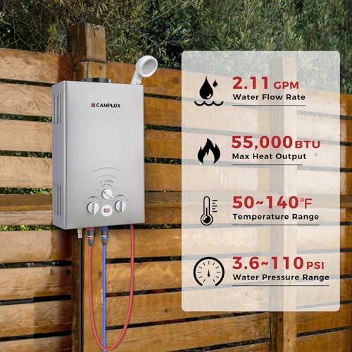 CAMPLUX 2.64 GPM Propane Portable Gas Water Heater, 68,000 BTU, White Y83276