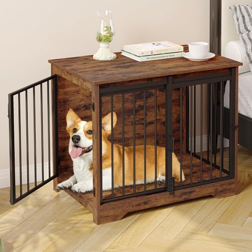 Dog Crate Furniture with Barn Door for Small Medium Dogs, Rustic Brown P911
