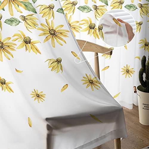 Spring Floral Sheer Curtains Yellow Flowers Rod Pocket Voile Window Panels Set of 2, 52 x 54 inch V46628