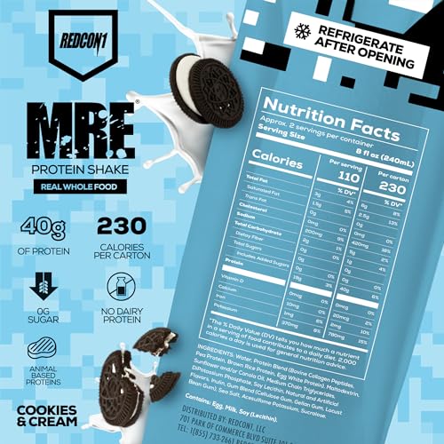 REDCON1 MRE Ready to Drink Protein Shakes, Cookies & Cream - Lactose + Whey Free RTD, 12 Pack Y377913