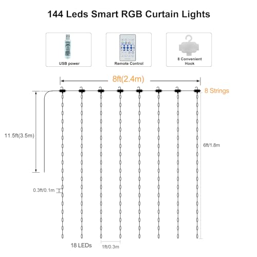 Smart Curtain Lights RGB 5050 144LED USB Powered for Party Patio Garden Decor W462662