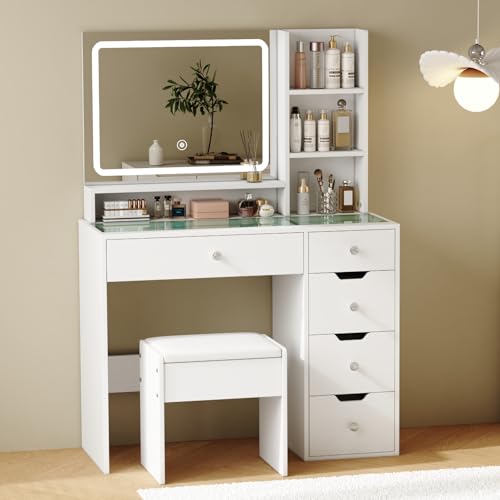 White Vanity Desk with Mirror and LED Lights, 5 Drawers, Stool V4838
