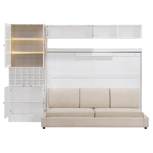 MERITLINE Queen Murphy Bed with Couch and Storage Shelves, LED Light, White J578