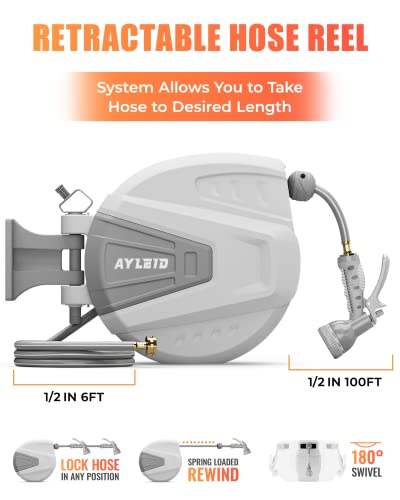 Ayleid Retractable Garden Hose Reel, 1/2 in x 100 ft, Wall Mounted, Grey Q139915