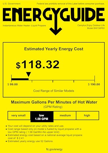 CAMPLUX 2.64 GPM Propane Portable Gas Water Heater, 68,000 BTU, White Y83276