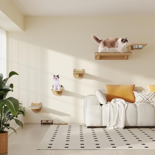 MeowHomm Cat Wall Shelves with 3 Steps and 2 Food Bowls S894