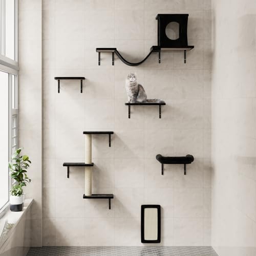 NUNU LAB Wall Mounted Cat Furniture, 7 Pcs Cat Wall Shelves with House, Gray T582052