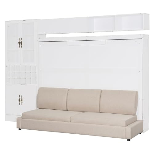 MERITLINE Queen Murphy Bed with Couch and Storage Shelves, LED Light, White J578