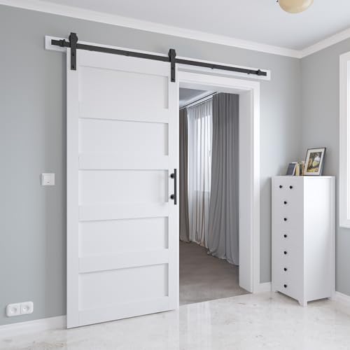 White 5-Panel Solid Sliding Barn Door with Hardware Kit W109