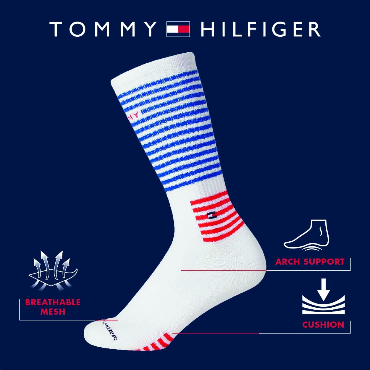 Tommy Hilfiger Men's Athletic Cushion Crew Socks (3 Pack), White Z930