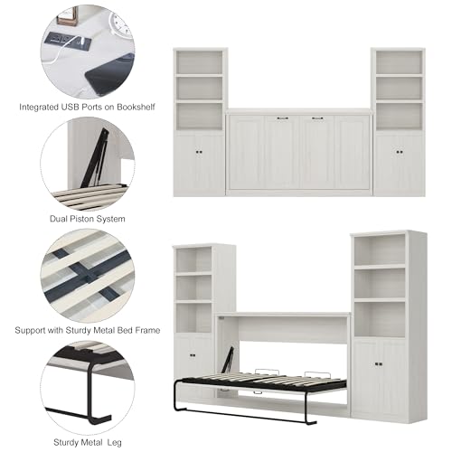 Merax Twin Murphy Bed with Storage Bookshelf and USB Charging, Rustic White U191604