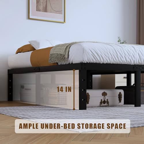 Full Metal Bed Frame 14 Inch Tall Heavy Duty Black Steel Slats Platform J736200