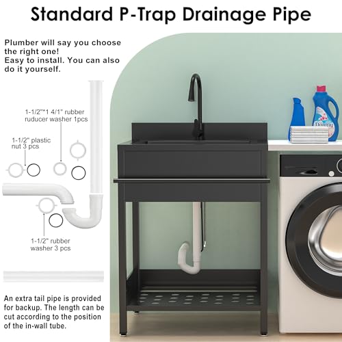 26 Inch Utility Sink, 304 Stainless Steel Free Standing with Pull-out Faucet B946