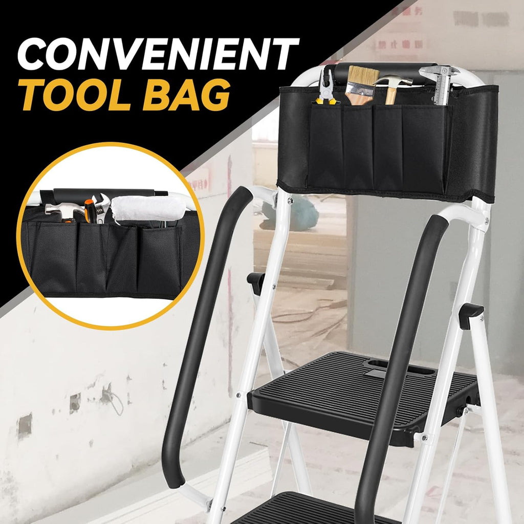 3 Step Ladder with Handrails, Attachable Tool Bag, 500 lbs Capacity, White X59037
