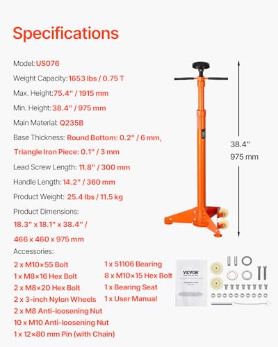 VEVOR Underhoist Support Stand, 3/4 Ton Capacity, 38.4 to 75.4 in Lift E18179