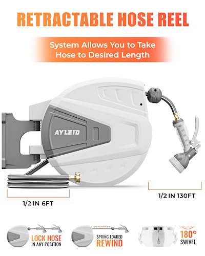 Ayleid Retractable Garden Hose Reel, 1/2 in x 100 ft, Wall Mounted, Grey Q139915