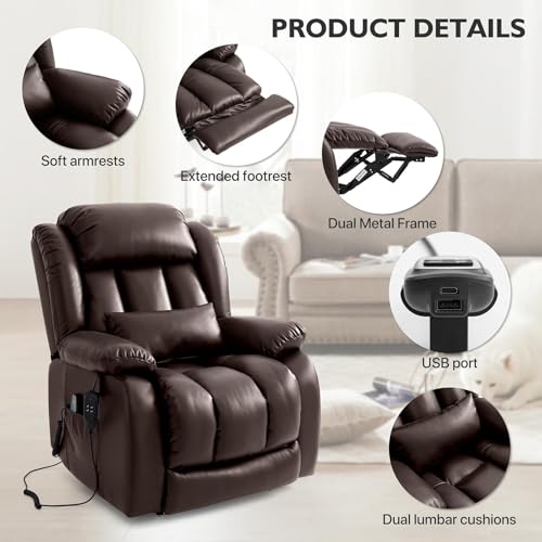 EDILLY Genuine Leather Power Lift Recliner Chair with Massage and Heating, Brown C901