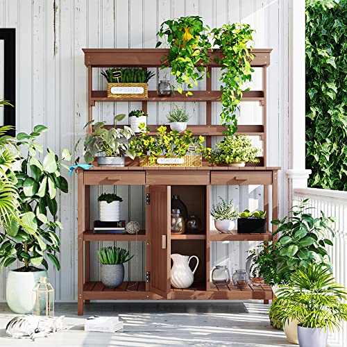 Outdoor Wooden Potting Bench Table with Drawers and Storage Shelves C672480