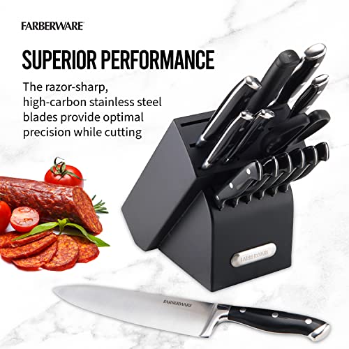 Farberware 15-Piece Forged Knife Block Set, High Carbon Stainless Steel, Wood Block J852607