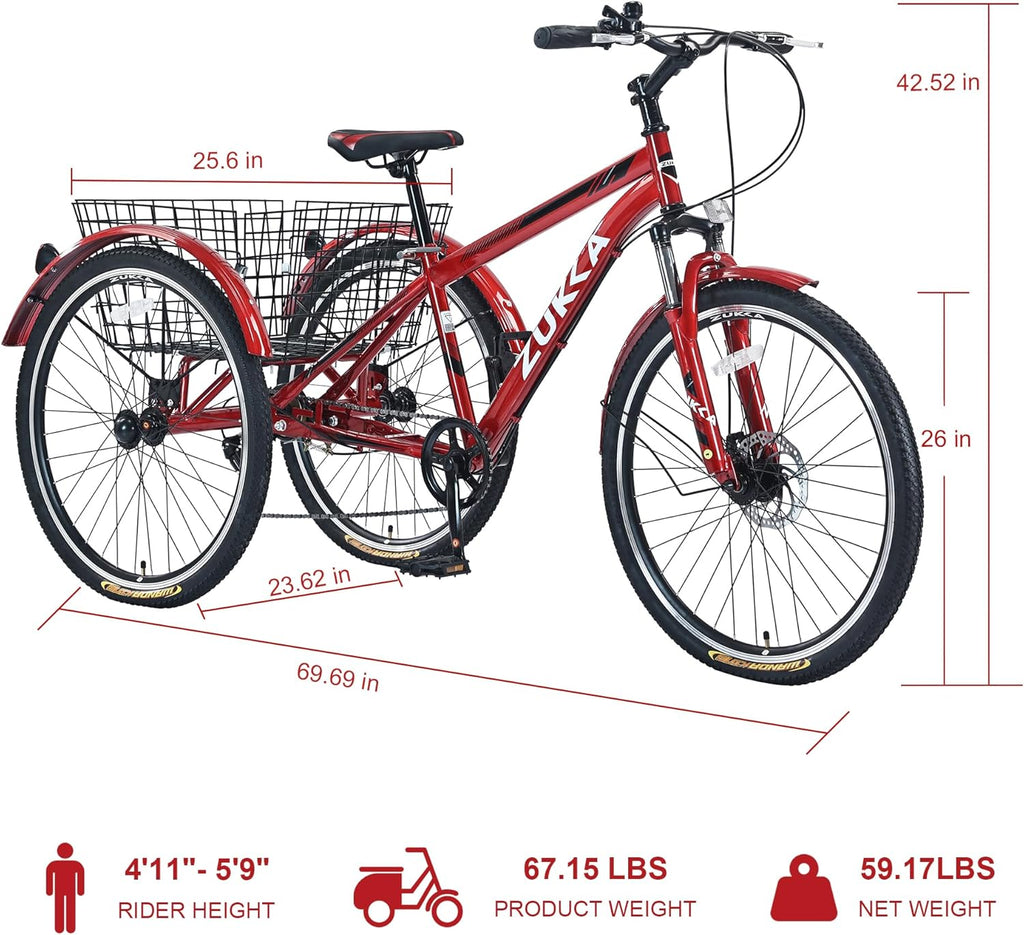 Adult Tricycle Bike 7-Speed 26-Inch 3-Wheel with Basket K73928