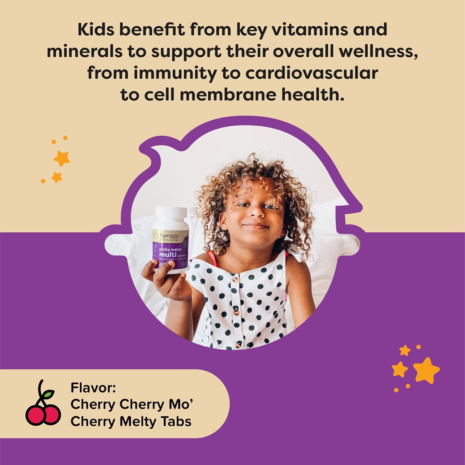 Renzo's Picky Eater Kids Multivitamin with Iron - Dissolving Sugar-Free Melty Tabs, Cherry Flavor R8256