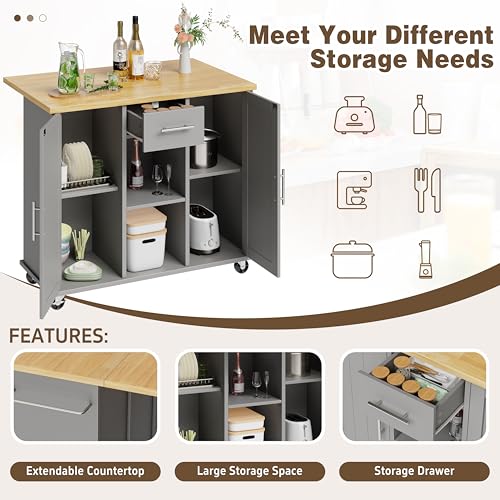 Shintenchi Kitchen Island with Drop Leaf, Rolling Cart with Storage, White T972