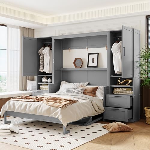 Ball & Cast Murphy Bed Queen Size Wall Chest with Charging Station and Storage Drawer, Gray J8503