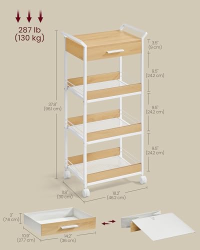 VASAGLE 4-Tier Rolling Utility Cart with Table Top, Lockable Casters, Rustic Brown and Ink Black L57262