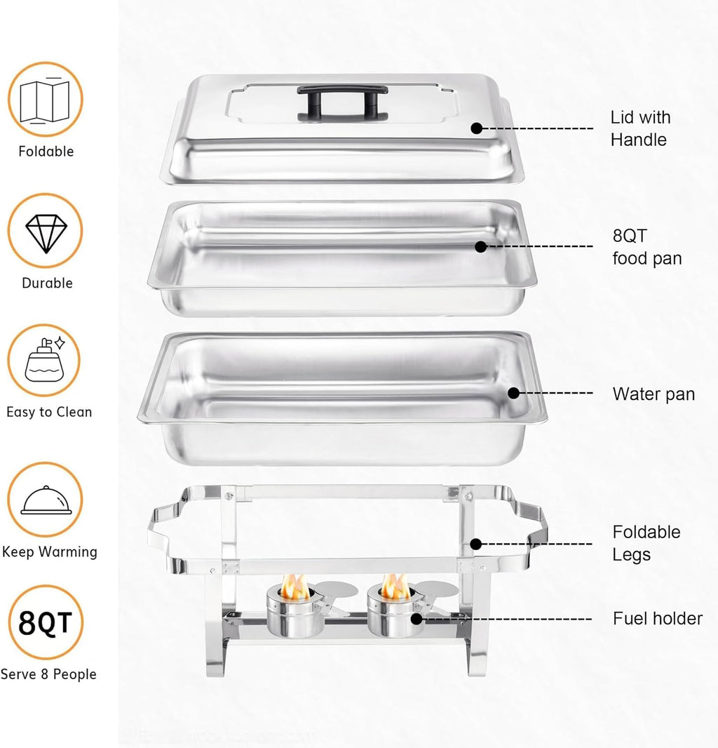 Chafing Dish Buffet Set 4 Pack - 8 Quart Stainless Steel Chafer with Folding Frame T909666