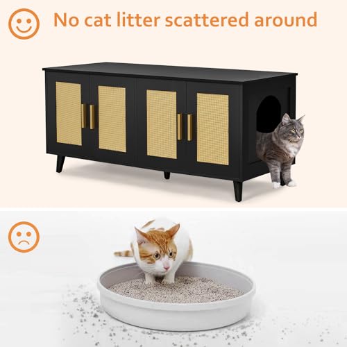Homhedy Boho Cat Litter Box Enclosure for 2 Cats with Rattan Doors, Natural U829